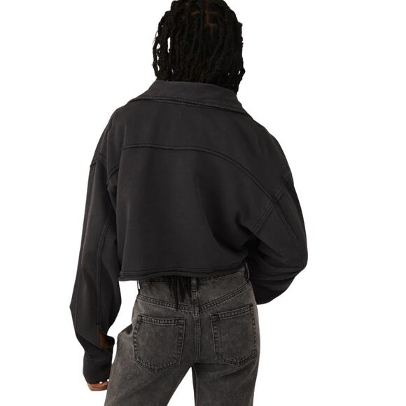 Free People Cropped Shacket L Gray Cotton Oversized Grunge Distressed Leisure - Picture 2 of 11